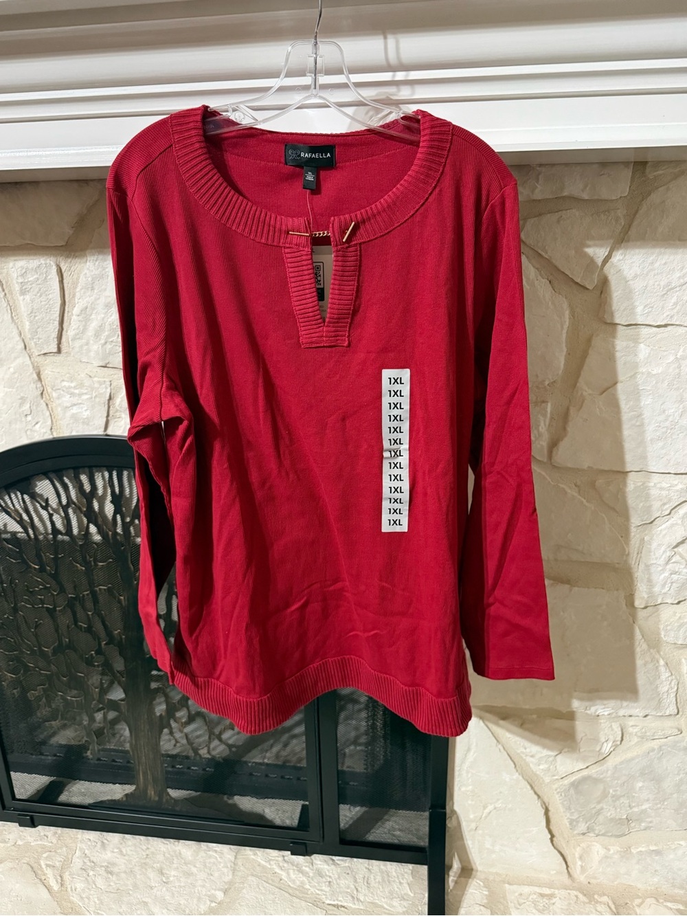 Rafaella Deep Red Long-Sleeve Notch Neck Knit Top